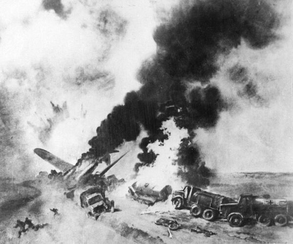 Mnoho sovietskych vojakov, námorníkov a pilotov dobrovoľne položilo svoje životy za obranu svojej vlasti. 26. júna 1941 posádka kapitána Nikolaja Gastella vrazila svojim horiacim bombardérom do nemeckej obrnenej kolóny. Mnoho sovietskych vojakov, námorníkov a pilotov dobrovoľne položilo svoje životy za obranu svojej vlasti. 26. júna 1941 posádka kapitána Nikolaja Gastella vrazila svojim horiacim bombardérom do nemeckej obrnenej kolóny. - Sputnik International